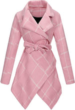 Load image into Gallery viewer, Women's Turn Down Collar Grid Coat Belted Wool Blend Coat Asymmetric Hem Wrap Coat